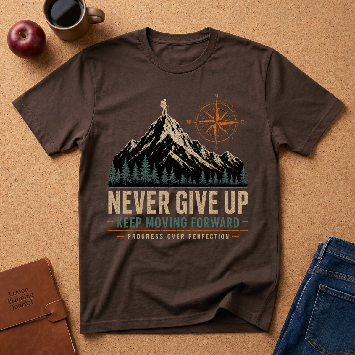 Chocolate Brown T-Shirt Graphic of a man hiking on a Mountain next to a compass symbol rising out of a pine forest.  Underneath it reads "Never Give Up, Keep Moving Forward, Progress over Perfection"