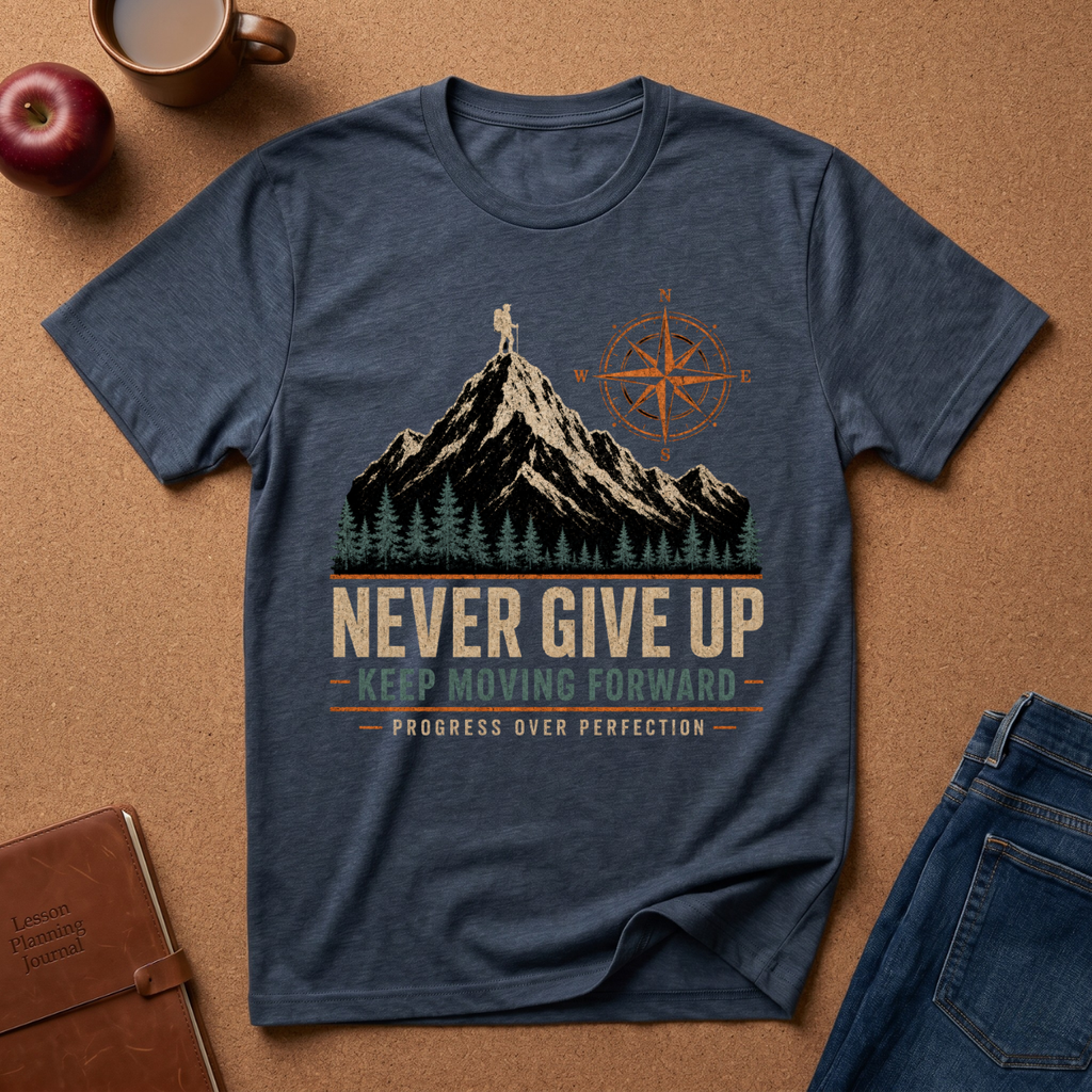 Hether Navy T-Shirt Graphic of a man hiking on a Mountain next to a compass symbol rising out of a pine forest.  Underneath it reads "Never Give Up, Keep Moving Forward, Progress over Perfection"