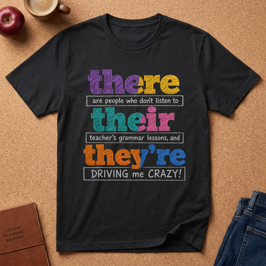 black T-shirt Says There (Are people who don't listen to) Teir (teacher's grammer lessons, and) They're (DRIVING me CRAZY)