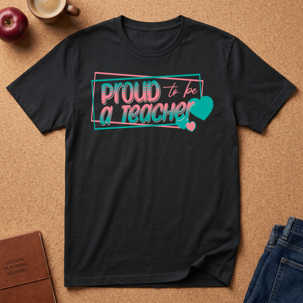 Black t-shirt lay flat on a corkboard surfce. says Proud to ba a Teacher
