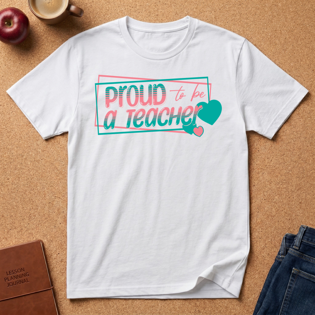white  t-shirt lay flat on a corkboard surfce. says Proud to ba a Teacher