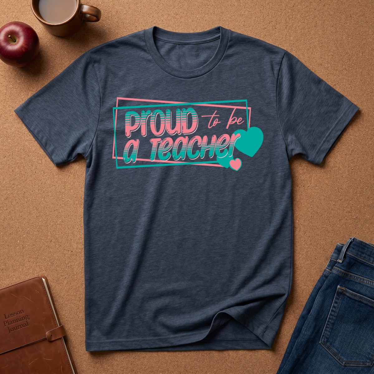 Heather Nav t-shirt lay flat on a corkboard surfce. says Proud to ba a Teacher