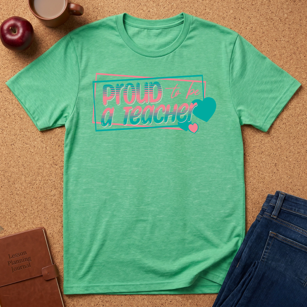 Heather Green t-shirt lay flat on a corkboard surfce. says Proud to ba a Teacher