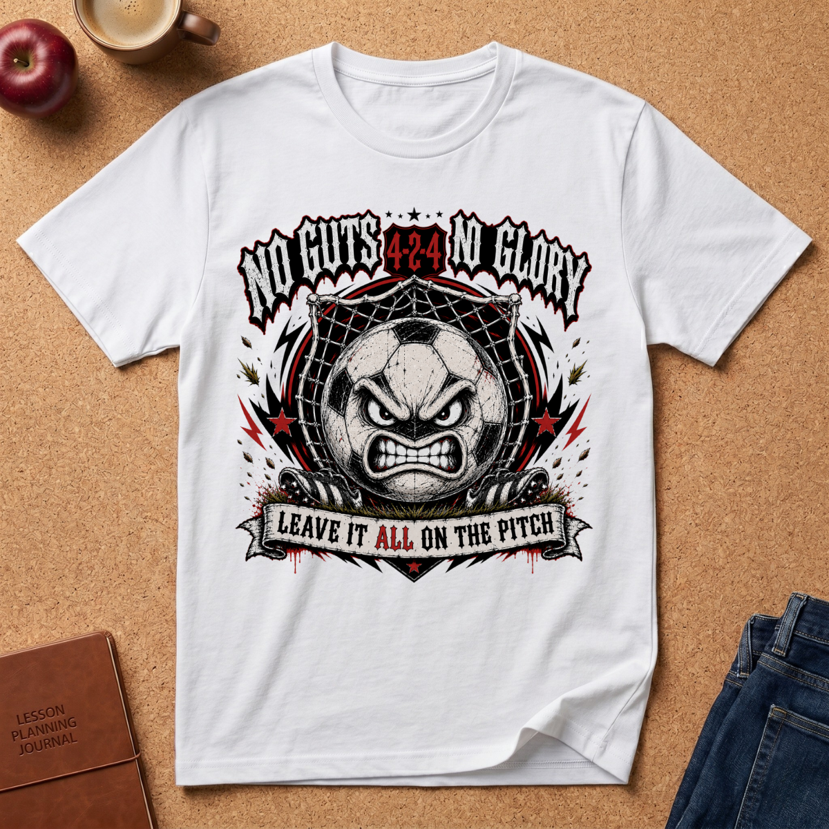 A white short-sleeve graphic T-shirt laid flat on a cork surface, surrounded by lifestyle props including an apple, a mug, a journal, and jeans. The shirt features a large black, red, and gray sports-themed graphic with the text 'No Guts 4:49 Glory' and 'Leave It All On The Pitch.
