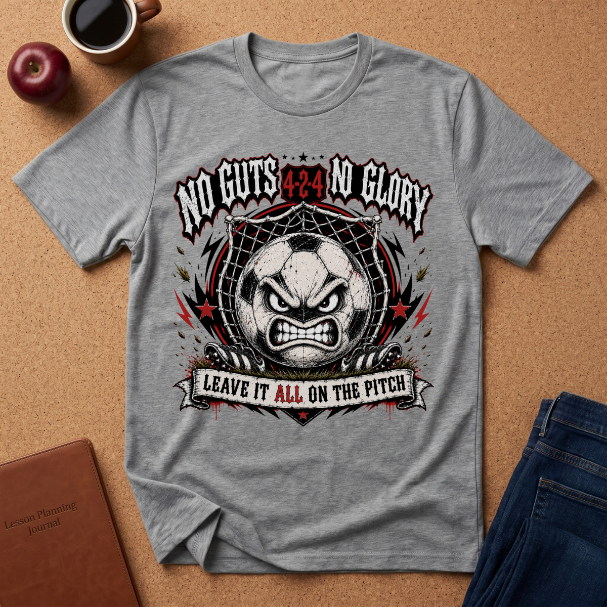 A heather gray graphic t-shirt laid flat on a brown cork background, surrounded by lifestyle props including a coffee mug, an apple, a notebook, and jeans. The t-shirt features a distressed graphic of a soccer ball with an angry face, surrounded by the text 'NO GUTS NO GLORY' and 'LEAVE IT ALL ON THE PITCH'.