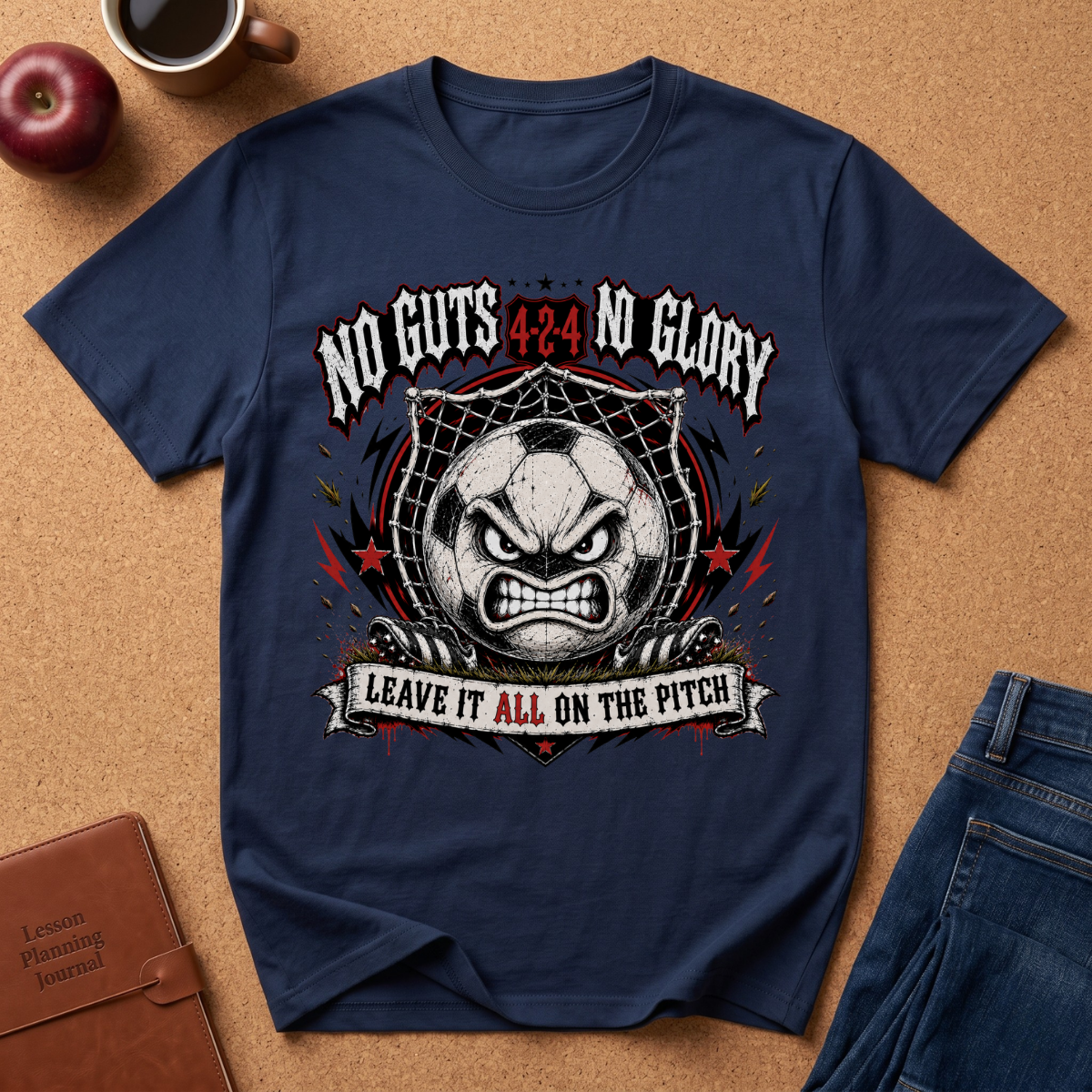 A navy blue graphic t-shirt laid flat on a cork background, surrounded by lifestyle props including a coffee mug, an apple, a leather journal, and blue jeans. The t-shirt features a graphic of an angry soccer ball in a spiderweb with the text 'NO GUTS 4:24 NO GLORY' and 'LEAVE IT ALL ON THE PITCH'.