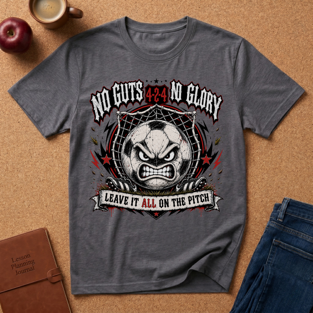 A heather dark gray graphic t-shirt laid flat on a cork background, surrounded by lifestyle props including an apple, a coffee cup, a journal, and jeans. The graphic features a soccer ball with an angry face inside a web, with the text 'NO GUTS 4:24 NO GLORY' above and 'LEAVE IT ALL ON THE PITCH' below.