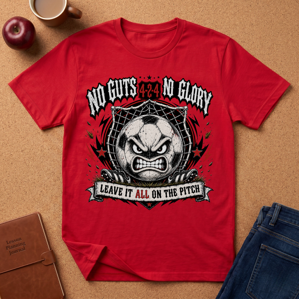 A red short-sleeve graphic T-shirt laid flat on a cork-like surface, surrounded by props including an apple, a mug, a notebook, and folded blue jeans. The shirt features a large distressed black-and-white soccer-ball face graphic with the text 'NO GUTS NO GLORY' above and 'LEAVE IT ALL ON THE PITCH' below.
