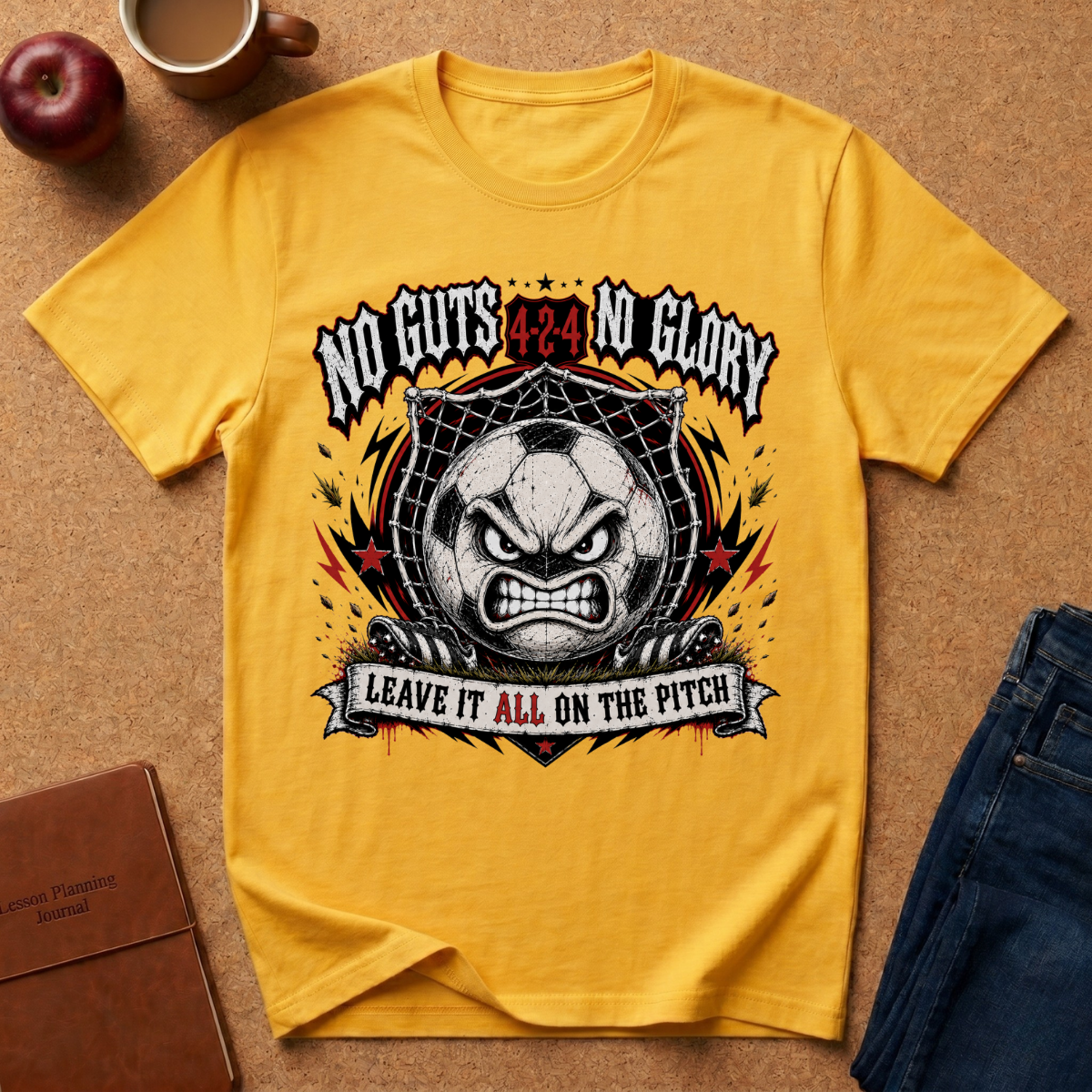 A yellow graphic t-shirt laid flat on a cork background, surrounded by lifestyle props including an apple, a coffee mug, a notebook, and a pair of jeans. The shirt features a large graphic of a soccer ball with an angry face inside a spiderweb, with the text 'NO GUTS 4:4 NO GLORY' above and 'LEAVE IT ALL ON THE PITCH' below.