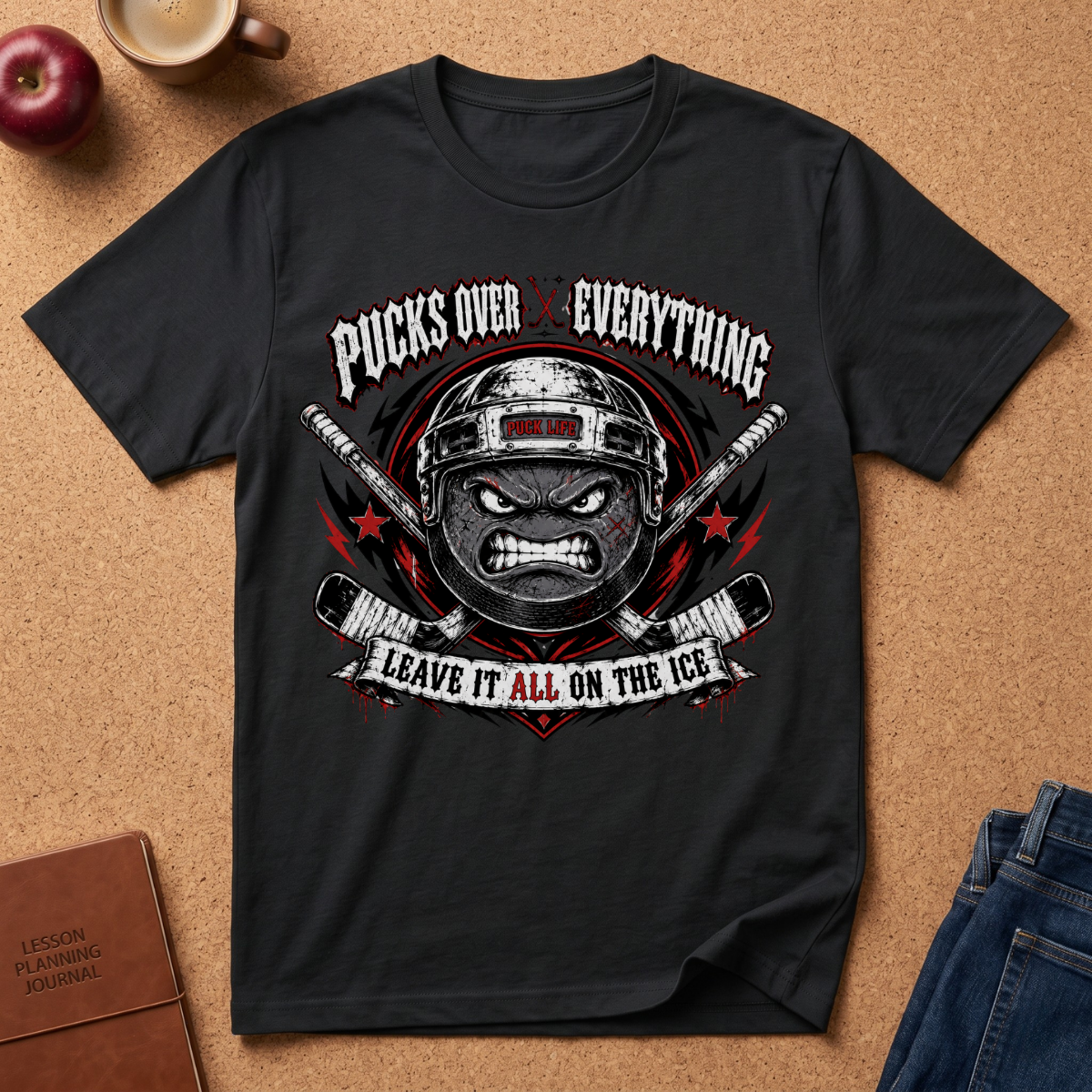 A black short-sleeve graphic T-shirt laid flat on a cork surface, featuring a hockey-themed angry face with crossed sticks and the text 'PUCKS OVER EVERYTHING' and 'LEAVE IT ALL ON THE ICE.' Surrounding props include a coffee cup, apple, notebook, and jeans.