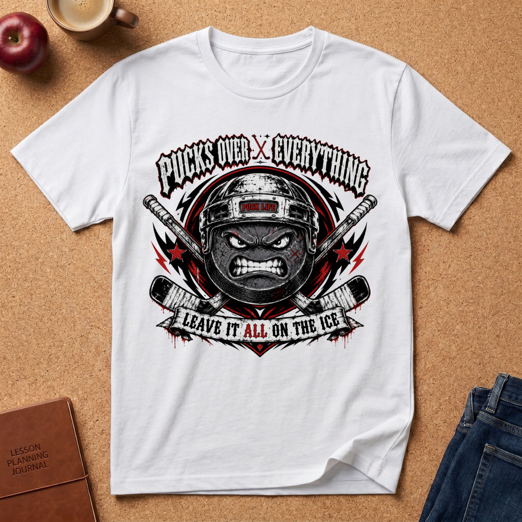 A white short-sleeve graphic T-shirt laid flat on a cork background, featuring a large sports-themed print with a helmeted face, crossed sticks, stars, and the text 'Pucks Over Everything' and 'Leave It All On The Ice.' Styled flat-lay props include an apple, a mug, a notebook, and jeans around the shirt.