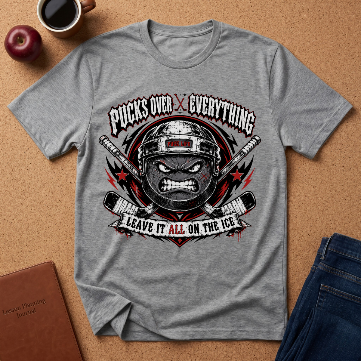 A heather gray graphic t-shirt laid flat on a cork background, featuring a hockey-themed design with crossed sticks, a helmeted face, and the text 'PUCKS OVER EVERYTHING' and 'LEAVE IT ALL ON THE ICE'.