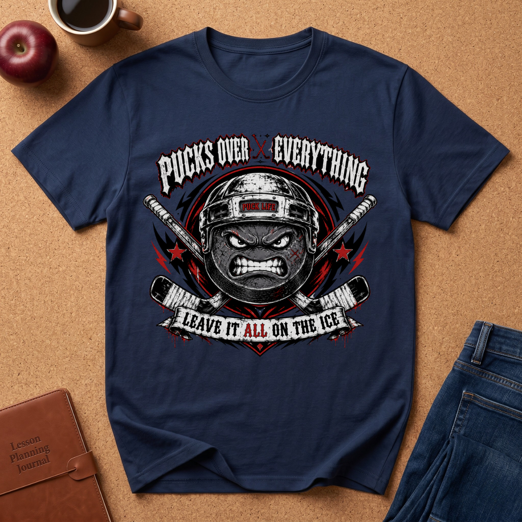 A navy blue graphic t-shirt laid flat on a cork background, featuring a hockey player's helmet and crossed sticks with the text 'POCKS OVER EVERYTHING' and 'LEAVE IT ALL ON THE ICE'. Props around it include an apple, a coffee cup, a brown journal, and blue jeans.