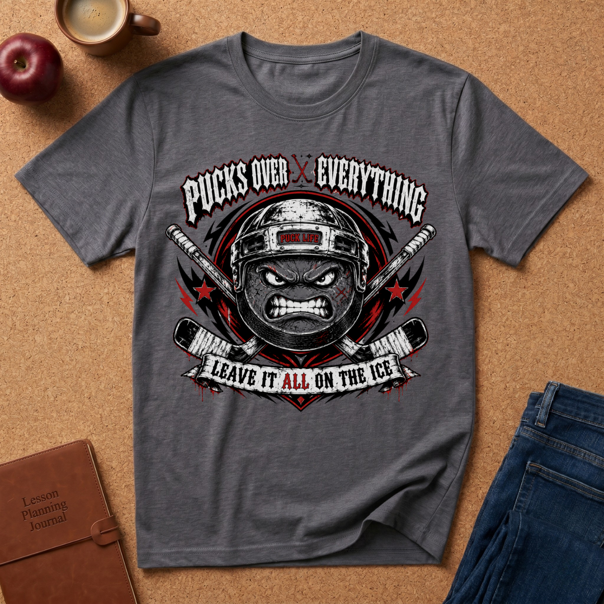 A dark heather gray graphic t-shirt laid flat on a cork background, featuring a hockey player's helmet and crossed sticks with the text 'POCKS OVER EVERYTHING' and 'LEAVE IT ALL ON THE ICE'. Surrounding props include an apple, a coffee cup, a journal, and jeans.