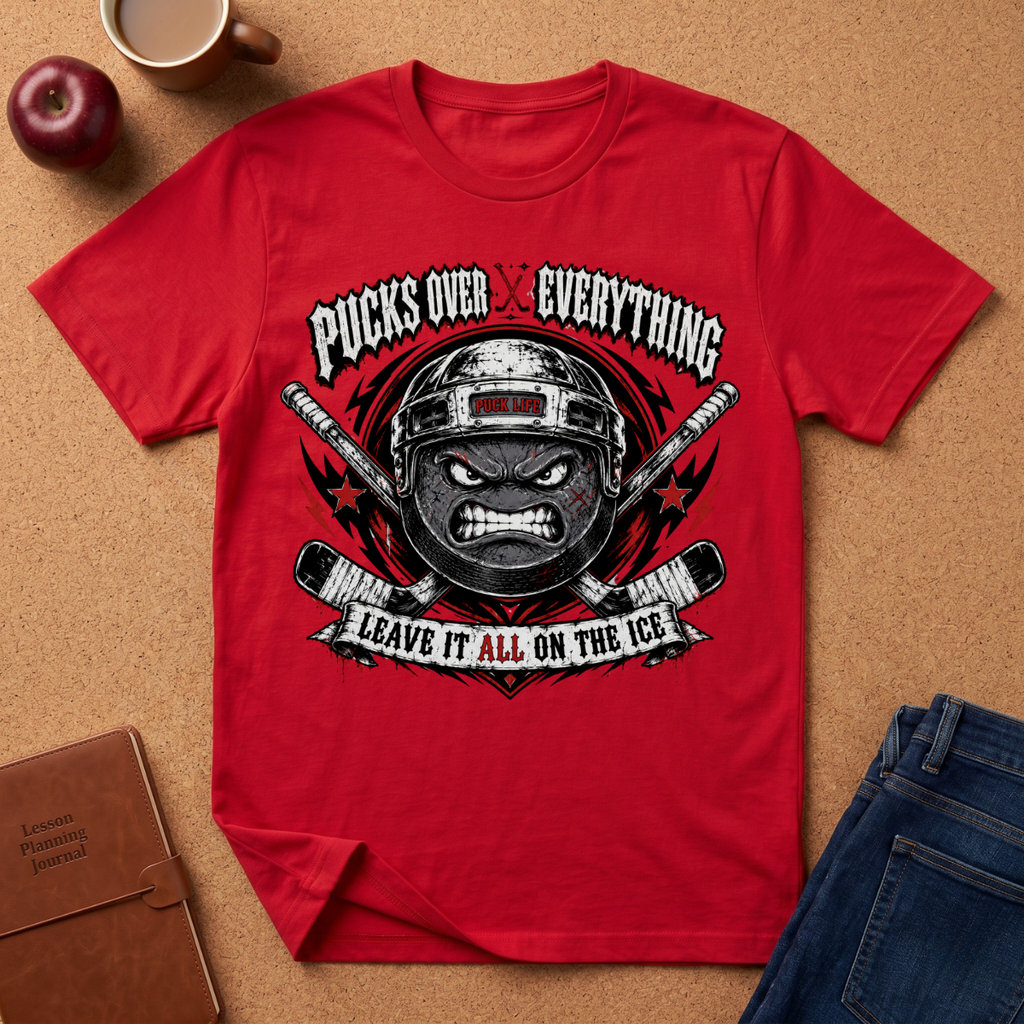 A red short-sleeve graphic T-shirt laid flat on a cork-like surface, surrounded by props including an apple, a coffee mug, a brown notebook, and folded blue jeans. The shirt features a large hockey-themed graphic with crossed sticks, a helmeted face, and the text 'PUCKS OVER EVERYTHING' and 'LEAVE IT ALL ON THE ICE.