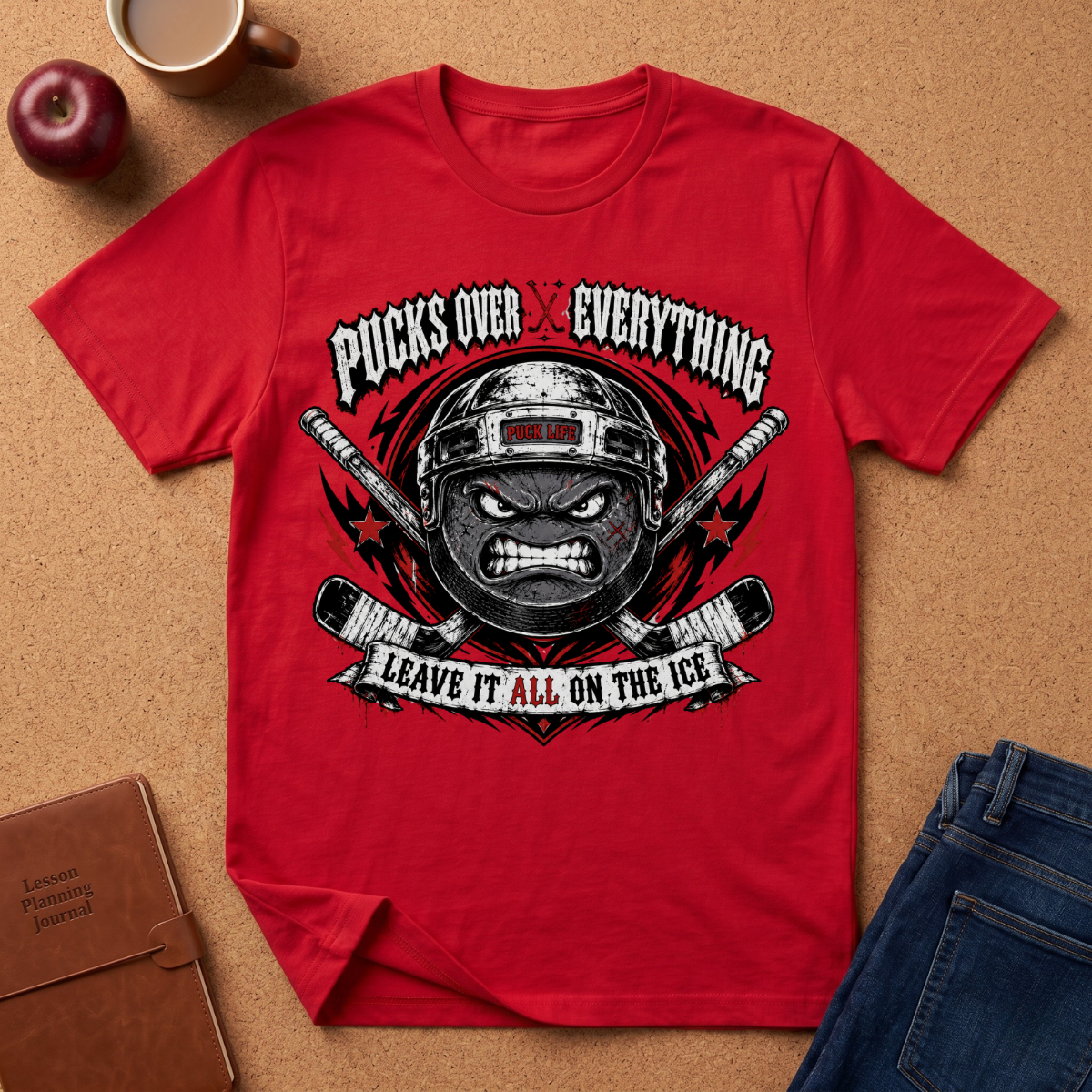 A red short-sleeve graphic T-shirt laid flat on a cork-like surface, surrounded by props including an apple, a coffee mug, a brown notebook, and folded blue jeans. The shirt features a large hockey-themed graphic with crossed sticks, a helmeted face, and the text 'PUCKS OVER EVERYTHING' and 'LEAVE IT ALL ON THE ICE.