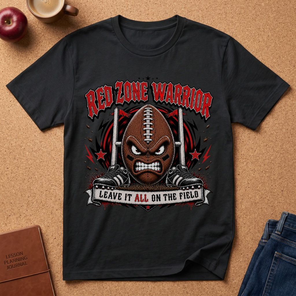 A black short-sleeve graphic t-shirt laid flat on a cork background, featuring a football-themed design with the words 'RED ZONE WARRIOR' and 'LEAVE IT ALL ON THE FIELD'. The shirt is styled with a coffee mug, apple, journal, and jeans around it.