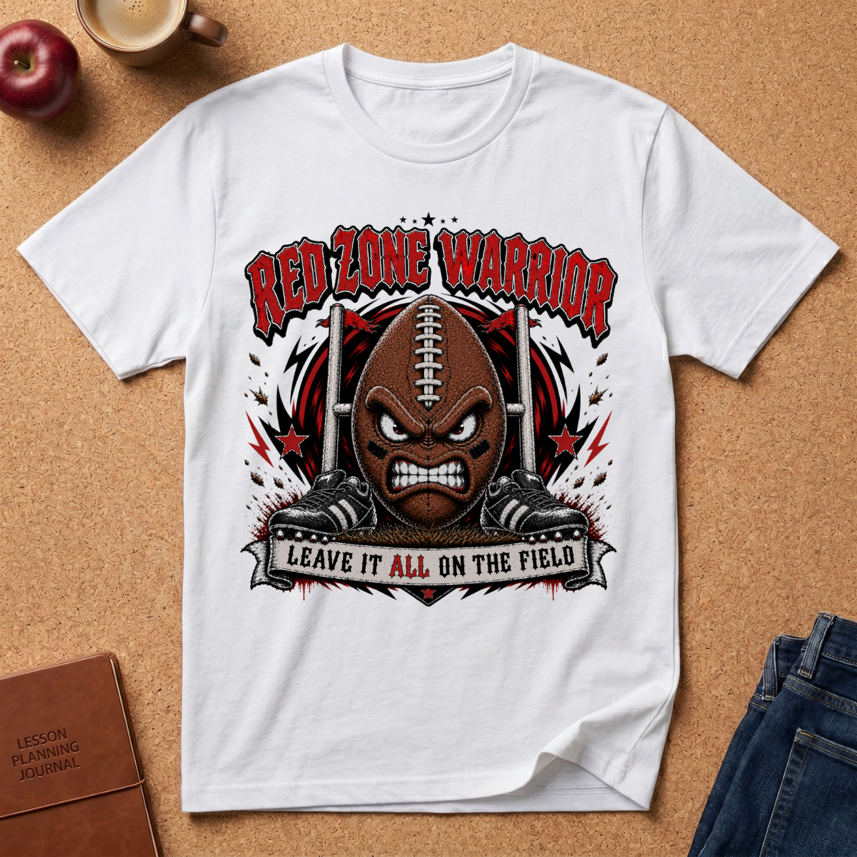 A white short-sleeve graphic T-shirt laid flat on a cork surface, featuring a large football-themed design with the words 'RED ZONE WARRIOR' and 'LEAVE IT ALL ON THE FIELD.' The shirt is styled with an apple, coffee cup, notebook, and jeans around it.