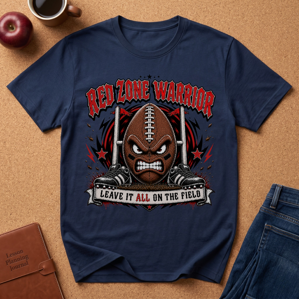 A navy blue graphic t-shirt featuring an angry football mascot and the text 'RED ZONE WARRIOR' and 'LEAVE IT ALL ON THE FIELD', styled in a flat lay on a cork background with an apple, coffee mug, and jeans nearby.