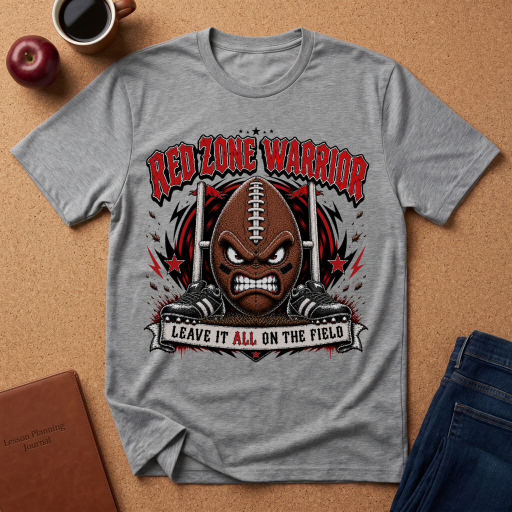 A heather gray graphic t-shirt featuring a cartoon football mascot with the text 'RED ZONE WARRIOR' and 'LEAVE IT ALL ON THE FIELD', styled in a flat-lay on a cork background with a coffee cup, apple, and jeans nearby.