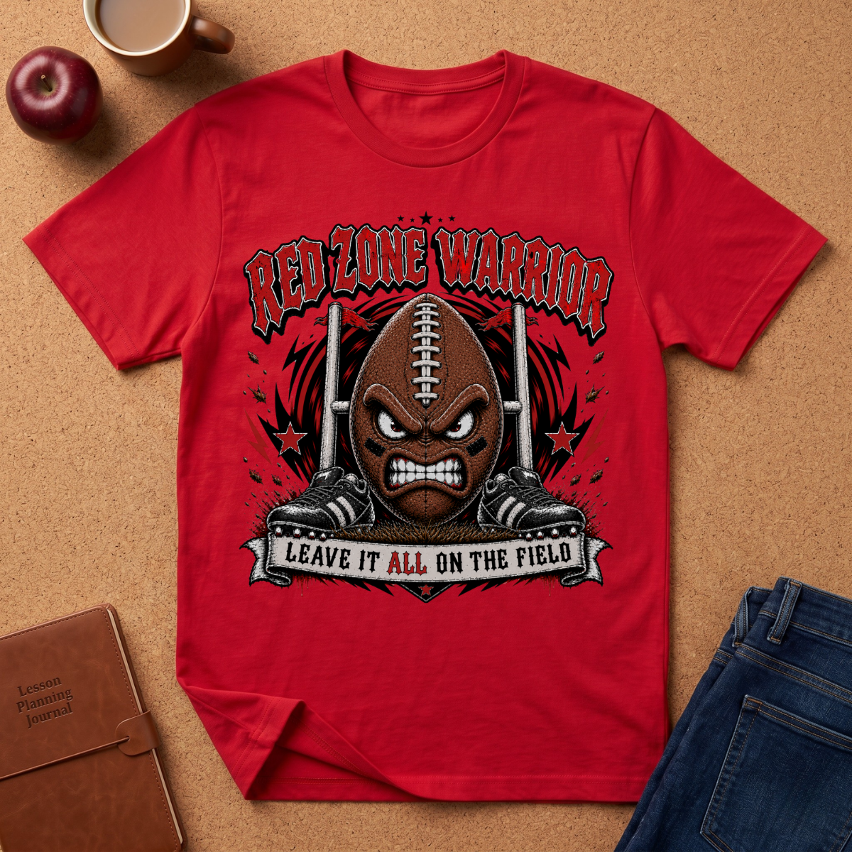 A red short-sleeve graphic T-shirt laid flat on a tan surface, surrounded by a coffee mug, apple, notebook, and jeans. The shirt features a large football-themed graphic with the words 'RED ZONE WARRIOR' above and 'LEAVE IT ALL ON THE FIELD' below.