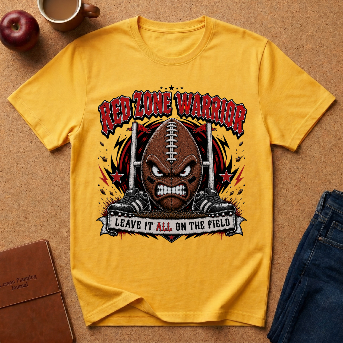 A yellow graphic t-shirt laid flat on a cork background, featuring a football-themed design with the text 'RED ZONE WARRIOR' and 'LEAVE IT ALL ON THE FIELD'. The shirt is styled with an apple, a coffee mug, a notebook, and blue jeans around it.