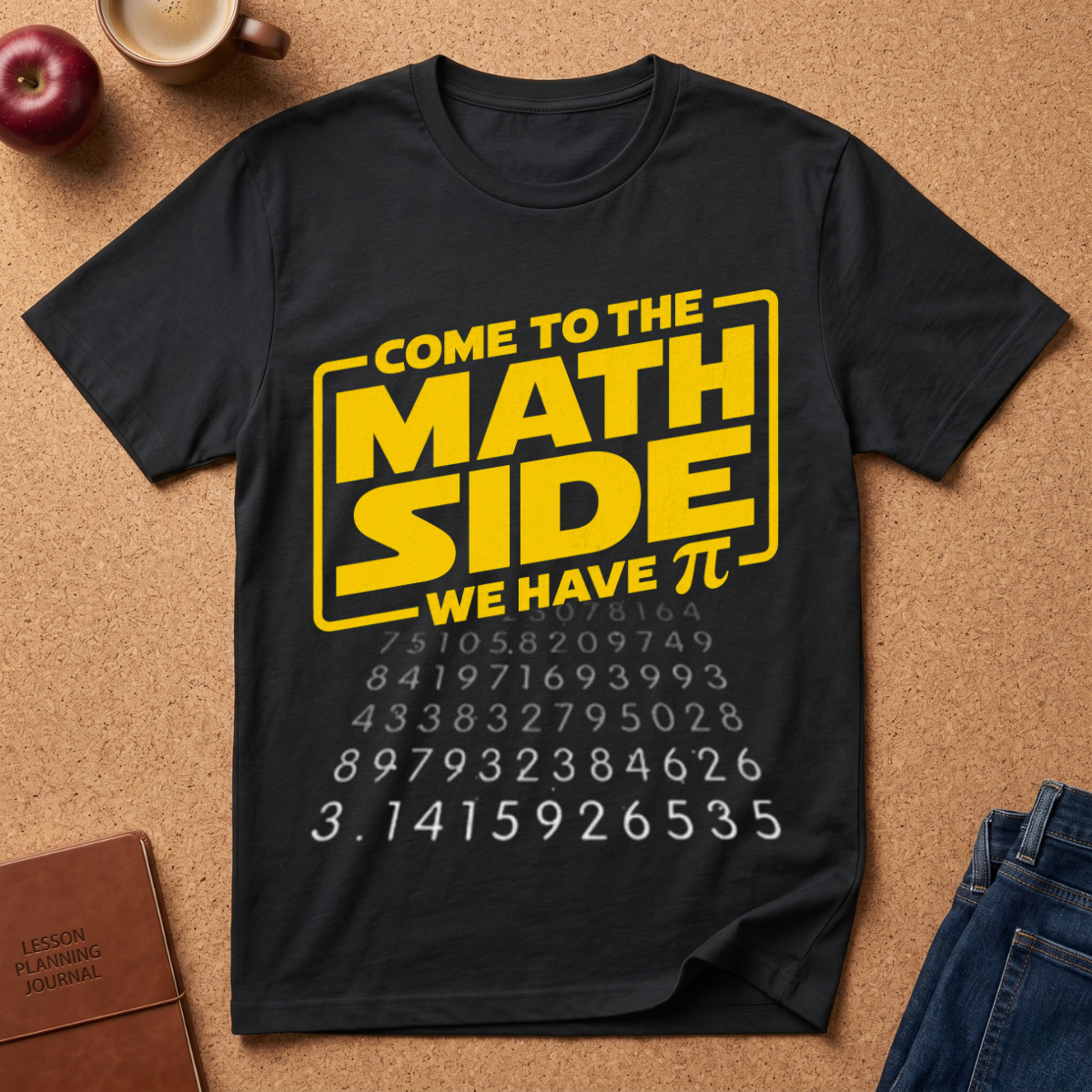 A black graphic t-shirt laid flat on a cork background, featuring a yellow and white design that reads 'COME TO THE MATH SIDE WE HAVE π' with pi digits printed below. Surrounding props include a coffee cup, an apple, a notebook, and jeans.