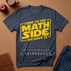A navy blue graphic t-shirt laid flat on a brown cork background, featuring a yellow and white 'COME TO THE MATH SIDE WE HAVE PI' design with pi digits printed below. Styled flat-lay props include an apple, a coffee mug, a brown notebook, and blue jeans.