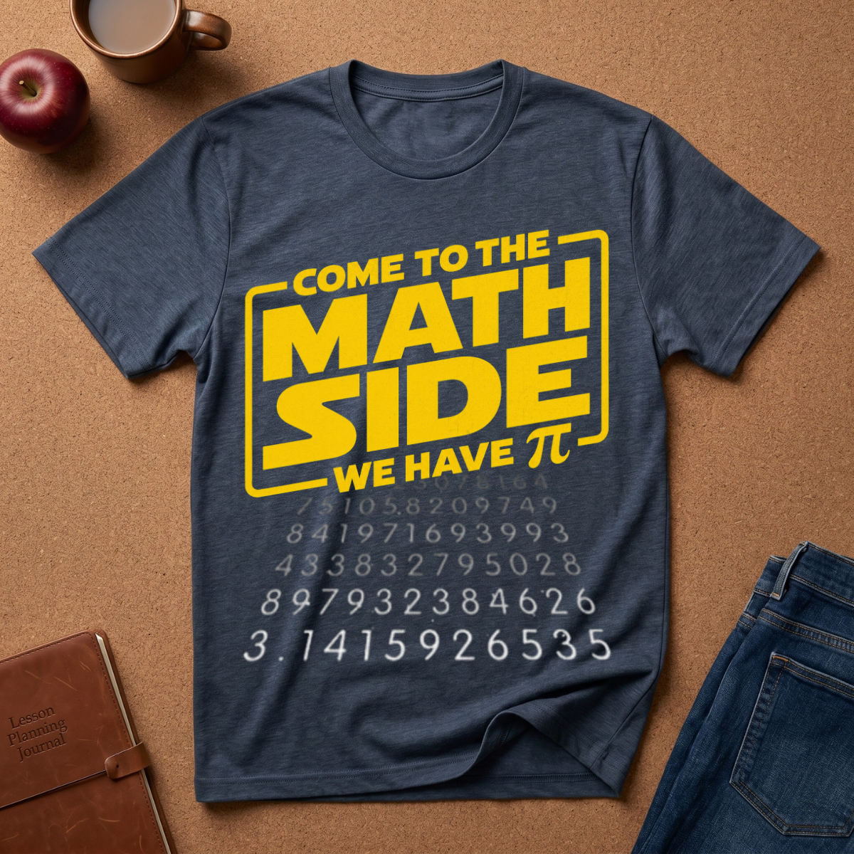 A navy blue graphic t-shirt laid flat on a brown cork background, featuring a yellow and white 'COME TO THE MATH SIDE WE HAVE PI' design with pi digits printed below. Styled flat-lay props include an apple, a coffee mug, a brown notebook, and blue jeans.