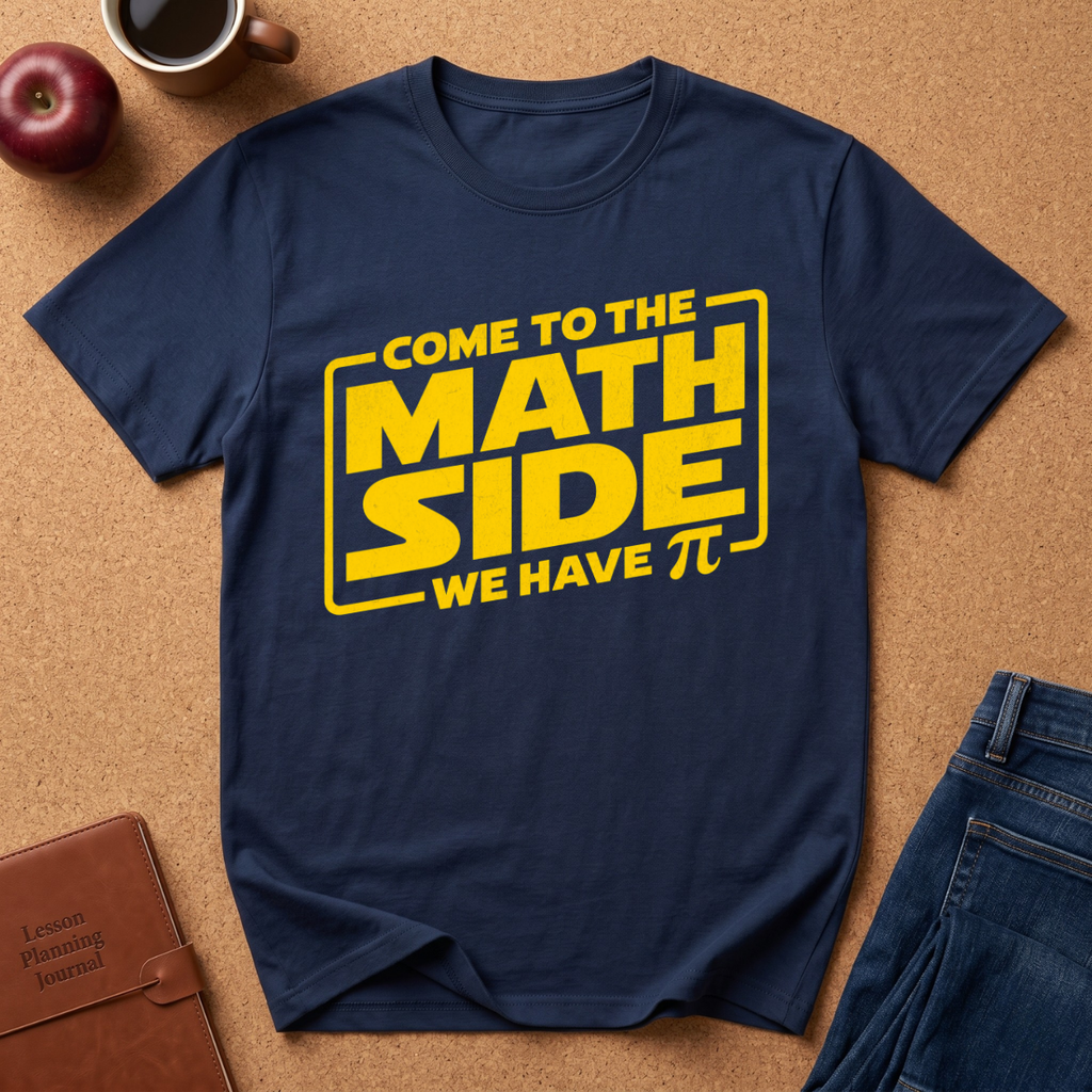 A navy blue graphic t-shirt with a yellow 'Math Side' print, styled in a flat-lay on a cork background with a coffee cup, apple, leather journal, and jeans.