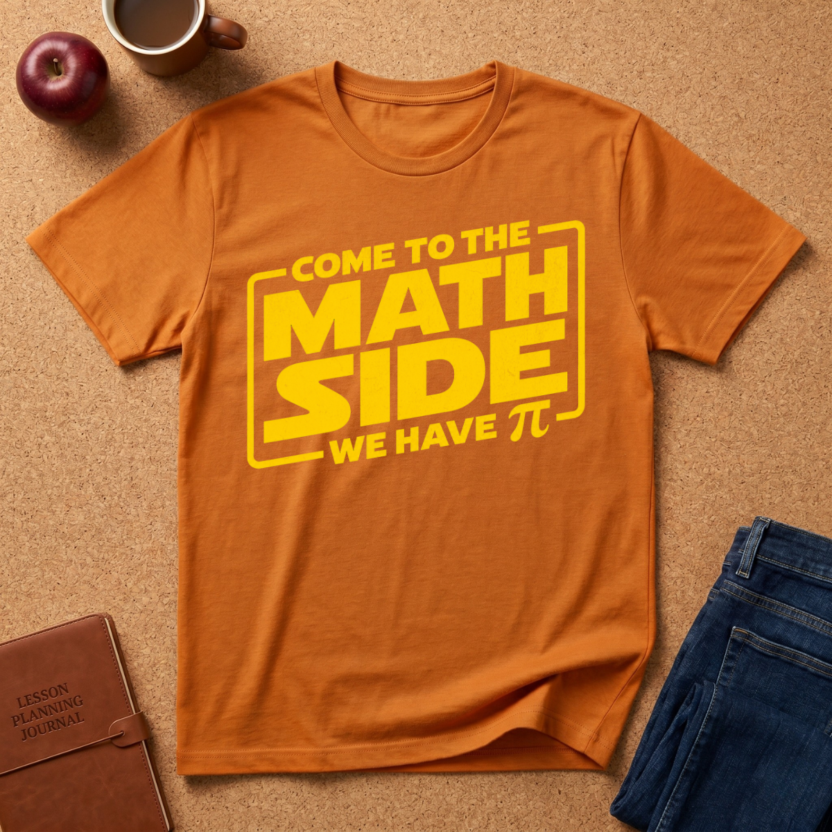 An orange crewneck t-shirt with a yellow graphic reading 'COME TO THE MATH SIDE WE HAVE π' laid flat on a cork background with lifestyle props including an apple, a coffee mug, a notebook, and blue jeans.