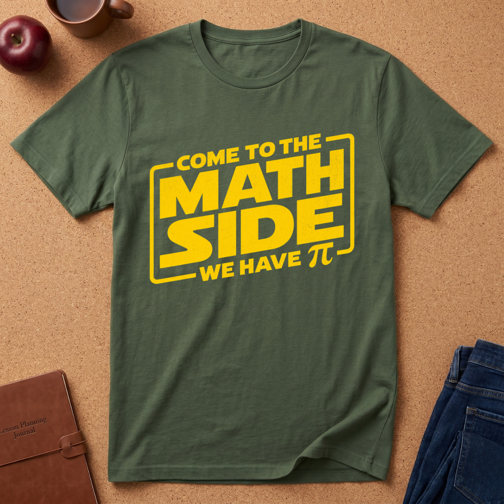 An olive green short-sleeve t-shirt with a yellow graphic reading 'COME TO THE MATH SIDE WE HAVE π' laid flat on a cork background with props including an apple, coffee cup, notebook, and jeans.