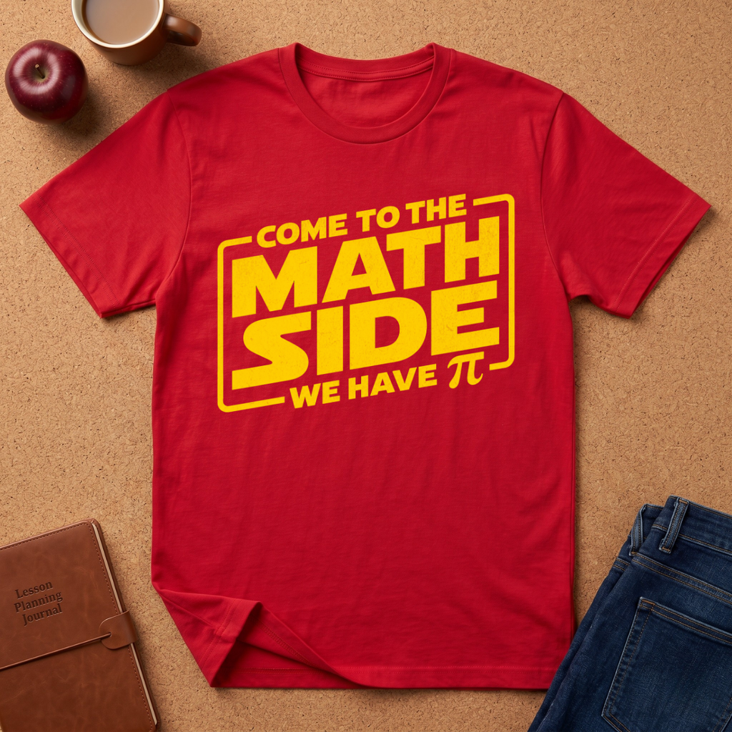 red graphic t-shirt laid flat on a brown cork background, featuring a yellow graphic that reads 'COME TO THE MATH SIDE WE HAVE π' styled with school and coffee props.