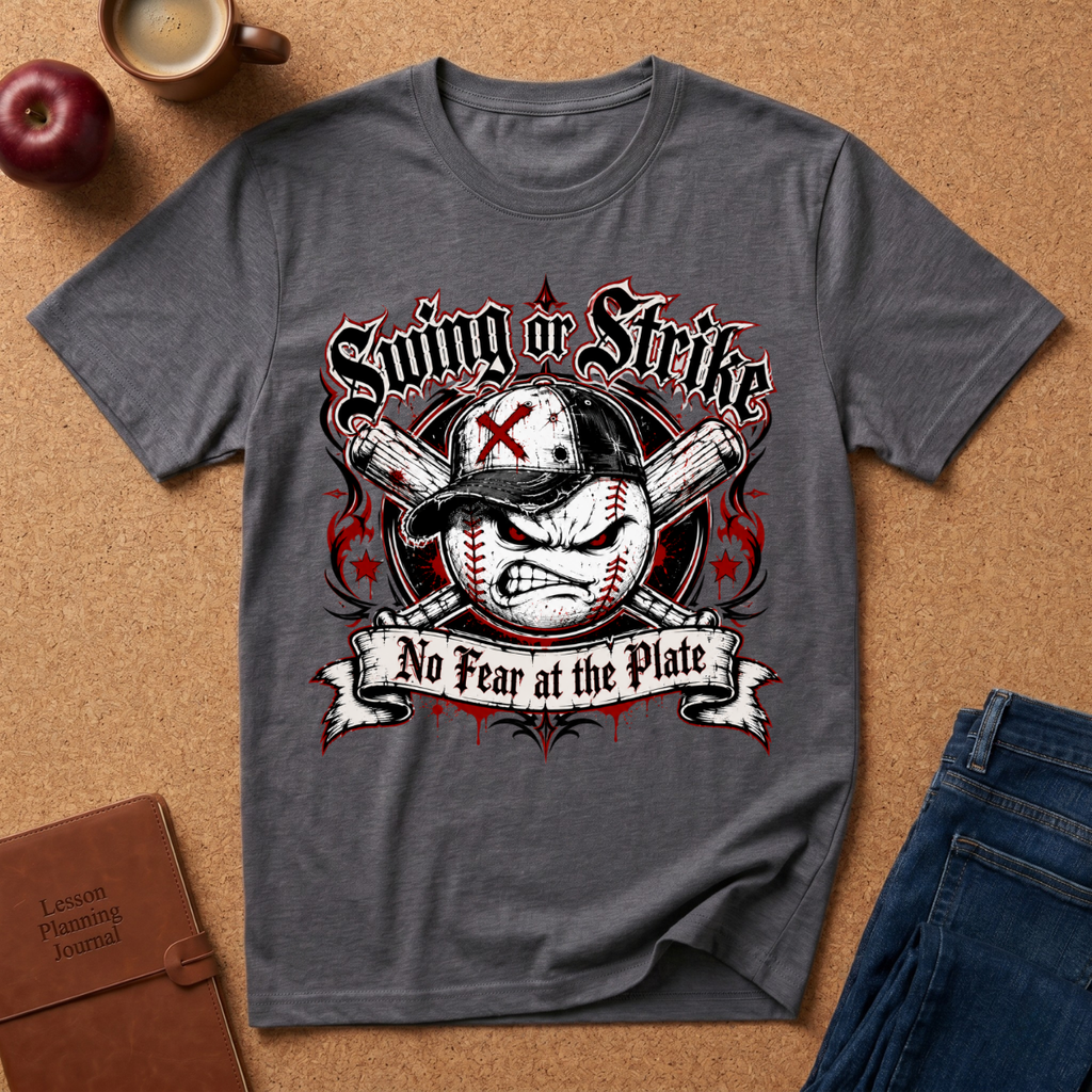 A dark gray graphic t-shirt featuring a baseball design with the text 'Swing or Strike' and 'No Fear at the Plate'. The shirt is displayed in a flat-lay arrangement on a cork background with props including an apple, a coffee mug, a journal, and jeans.