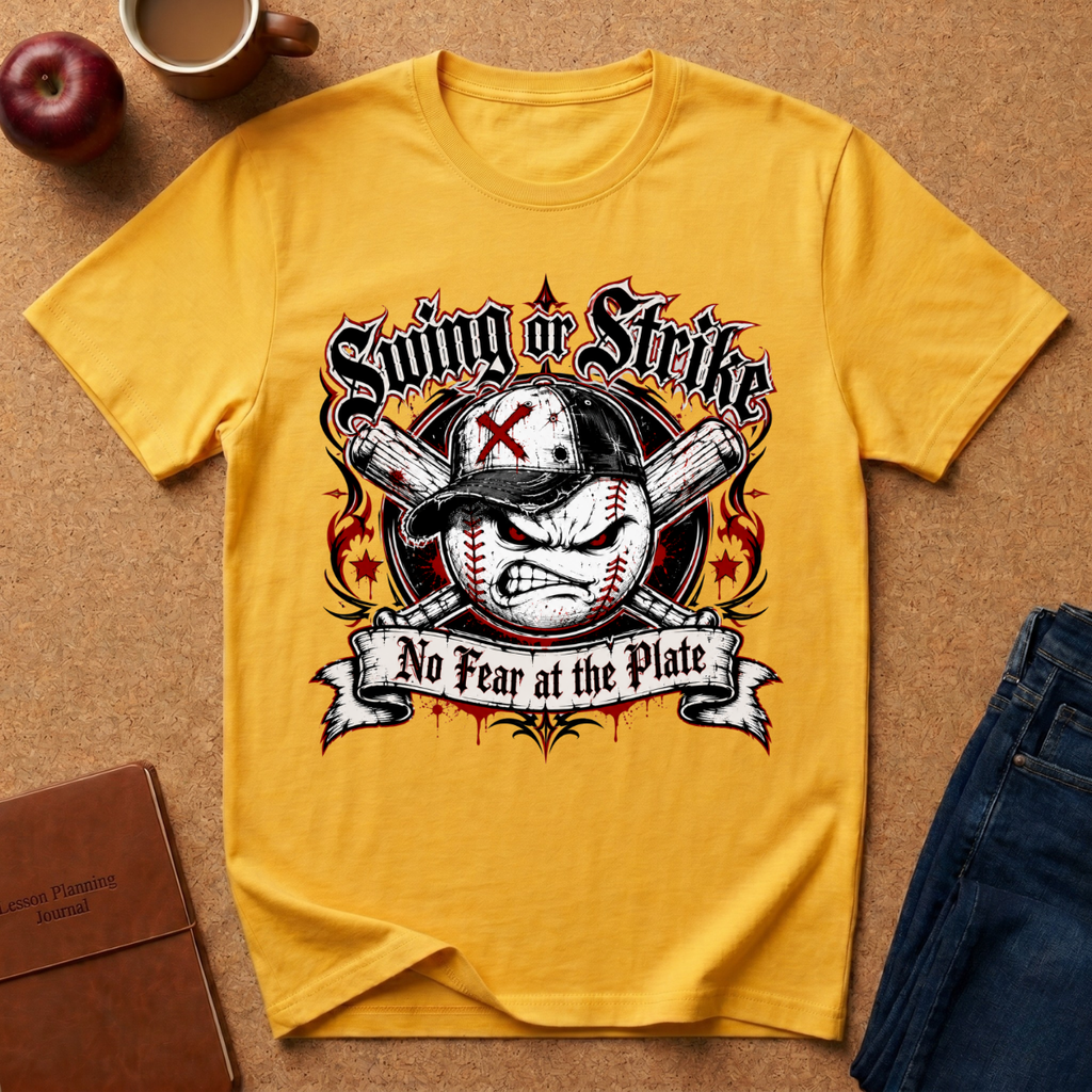 A yellow graphic t-shirt laid flat on a cork background, featuring a baseball-themed 'Swing or Strike No Fear at the Plate' design. The shirt is styled with lifestyle props including an apple, a coffee mug, a brown leather notebook, and blue jeans.