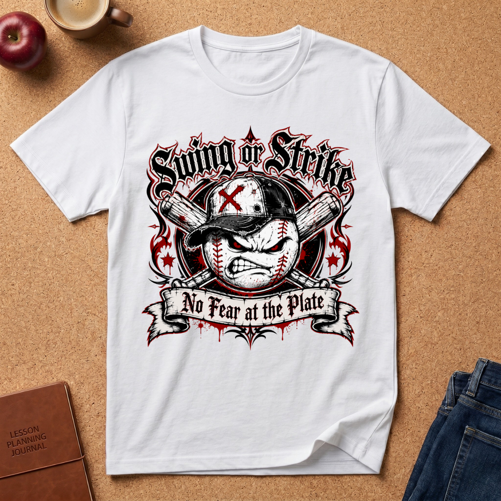 A white short-sleeve graphic T-shirt laid flat on a cork background, featuring a baseball-themed distressed print with the words 'Swing or Strike' and 'No Fear at the Plate.' The shirt is styled with a red apple, a mug, a journal, and jeans around it.