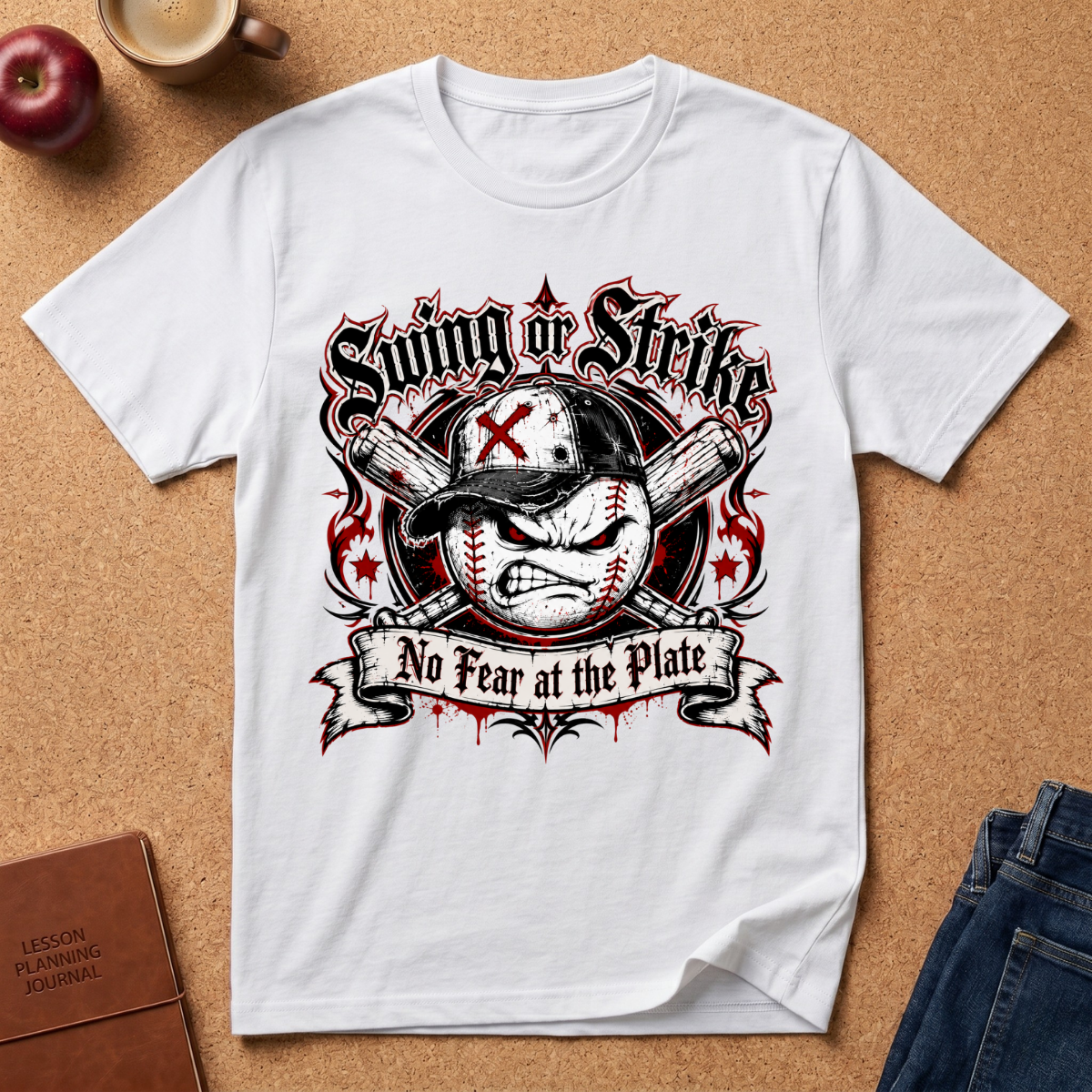 A white short-sleeve graphic T-shirt laid flat on a cork background, featuring a baseball-themed distressed print with the words 'Swing or Strike' and 'No Fear at the Plate.' The shirt is styled with a red apple, a mug, a journal, and jeans around it.