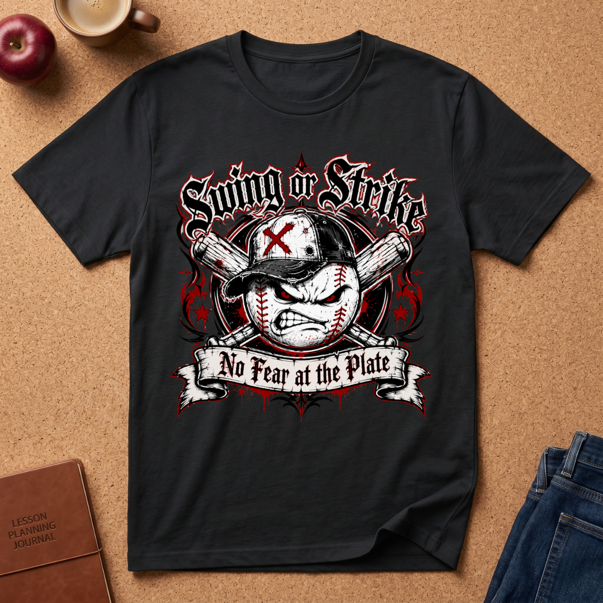 A black short-sleeve graphic t-shirt laid flat on a cork background, featuring a baseball-themed design with the text 'Swing or Strike' and 'No Fear at the Plate'. The shirt is styled with props including an apple, a coffee cup, a journal, and jeans.