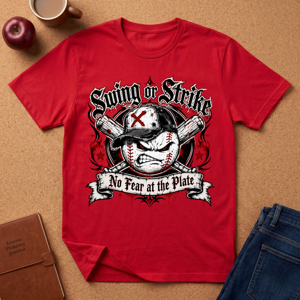 A red short-sleeve graphic T-shirt laid flat on a cork-like surface, surrounded by a coffee mug, apple, notebook, and jeans. The shirt features a baseball-themed front print with crossed bats, a baseball and helmet graphic, and the text 'Swing or Strike' and 'No Fear at the Plate'.