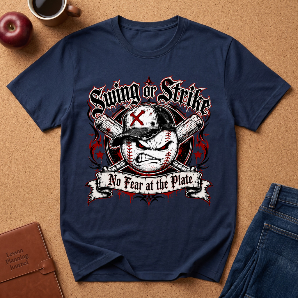 A navy blue graphic t-shirt laid flat on a brown cork-like surface, surrounded by lifestyle props including an apple, a coffee cup, a brown journal, and blue jeans. The t-shirt features a baseball-themed graphic with the text 'Swing or Strike' and 'No Fear at the Plate'.
