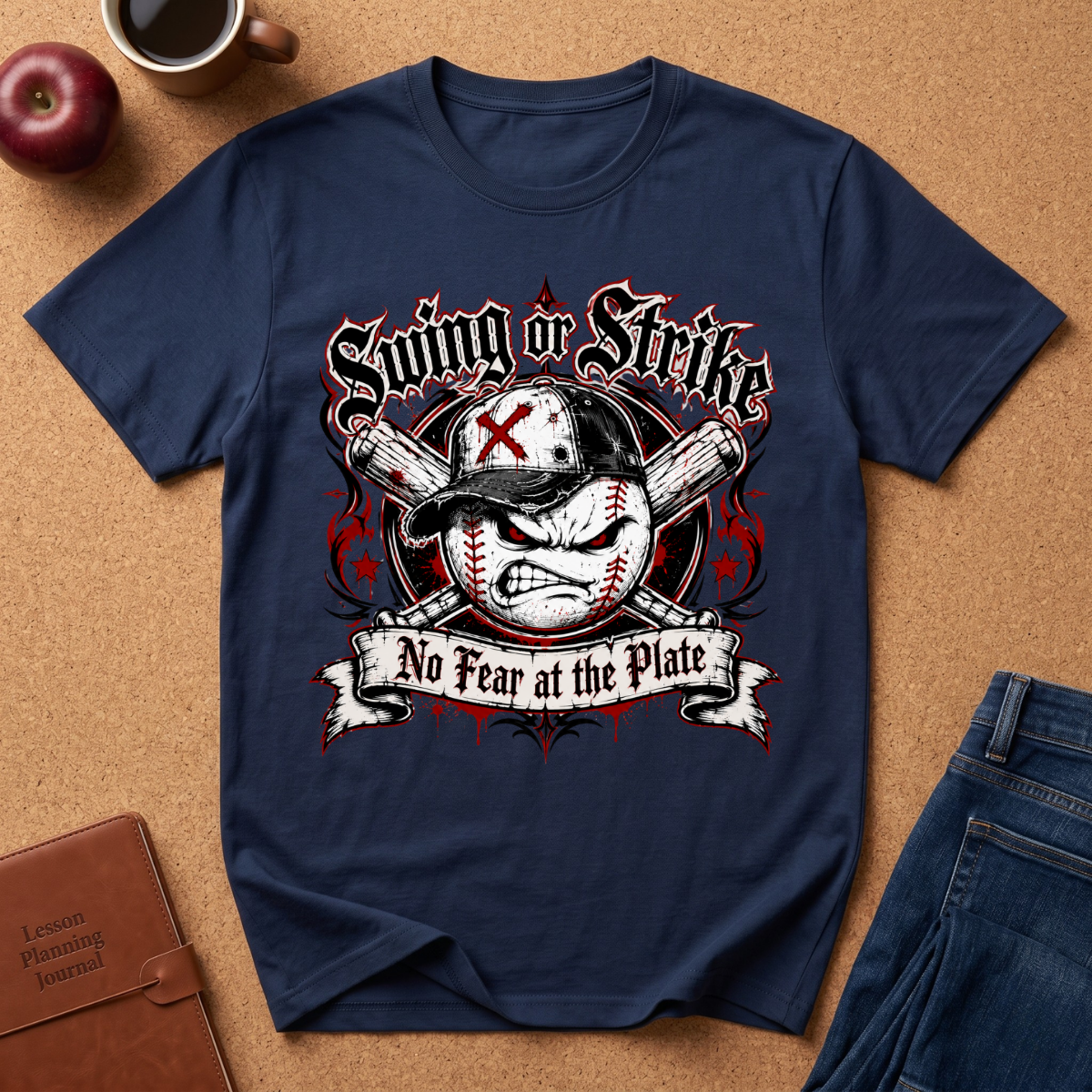 A navy blue graphic t-shirt laid flat on a brown cork-like surface, surrounded by lifestyle props including an apple, a coffee cup, a brown journal, and blue jeans. The t-shirt features a baseball-themed graphic with the text 'Swing or Strike' and 'No Fear at the Plate'.