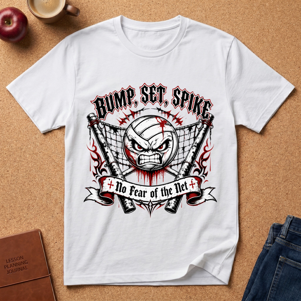 A white short-sleeve graphic T-shirt laid flat on a cork background, featuring a volleyball-themed angry face design with the text 'BUMP, SET, SPIKE' and 'No Fear of the Net.' Styled flat-lay props include a red apple, a coffee cup, a brown journal, and blue jeans.