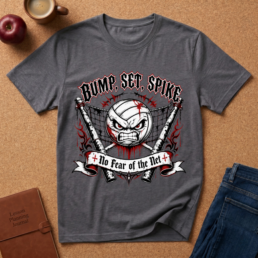 A dark gray graphic t-shirt laid flat on a cork background, featuring a volleyball-themed design with the text 'BUMP, SET, SPike' and 'No Fear of the Net'. The shirt is styled with a red apple, a coffee mug, a journal, and blue jeans.