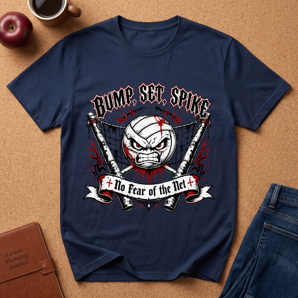 A navy blue graphic t-shirt laid flat on a cork background, surrounded by lifestyle props including an apple, a coffee mug, a leather journal, and blue jeans. The t-shirt features a graphic of a bloodied volleyball with the text 'BUMP, SET, SPike' and 'No Fear of the Net'.