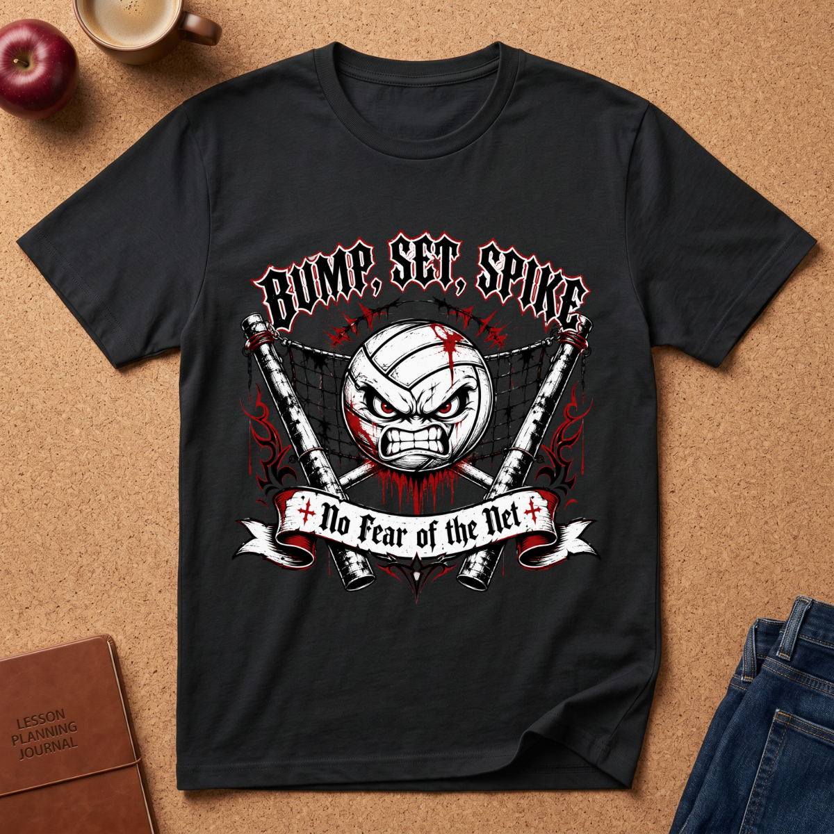 A black short-sleeve graphic T-shirt laid flat on a cork surface, featuring a volleyball-themed angry face with crossed nets and the text 'BUMP, SET, SPIKE' and 'No Fear of the Net.' Styled flat-lay props include an apple, coffee cup, journal, and jeans around the shirt.