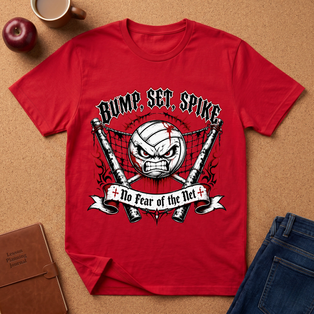 A red short-sleeve graphic T-shirt laid flat on a cork surface, surrounded by a coffee mug, apple, notebook, and jeans. The shirt features a volleyball-themed graphic with the text 'BUMP, SET, SPIKE' and 'No Fear of the Net' around an angry volleyball face and crossed spikes.