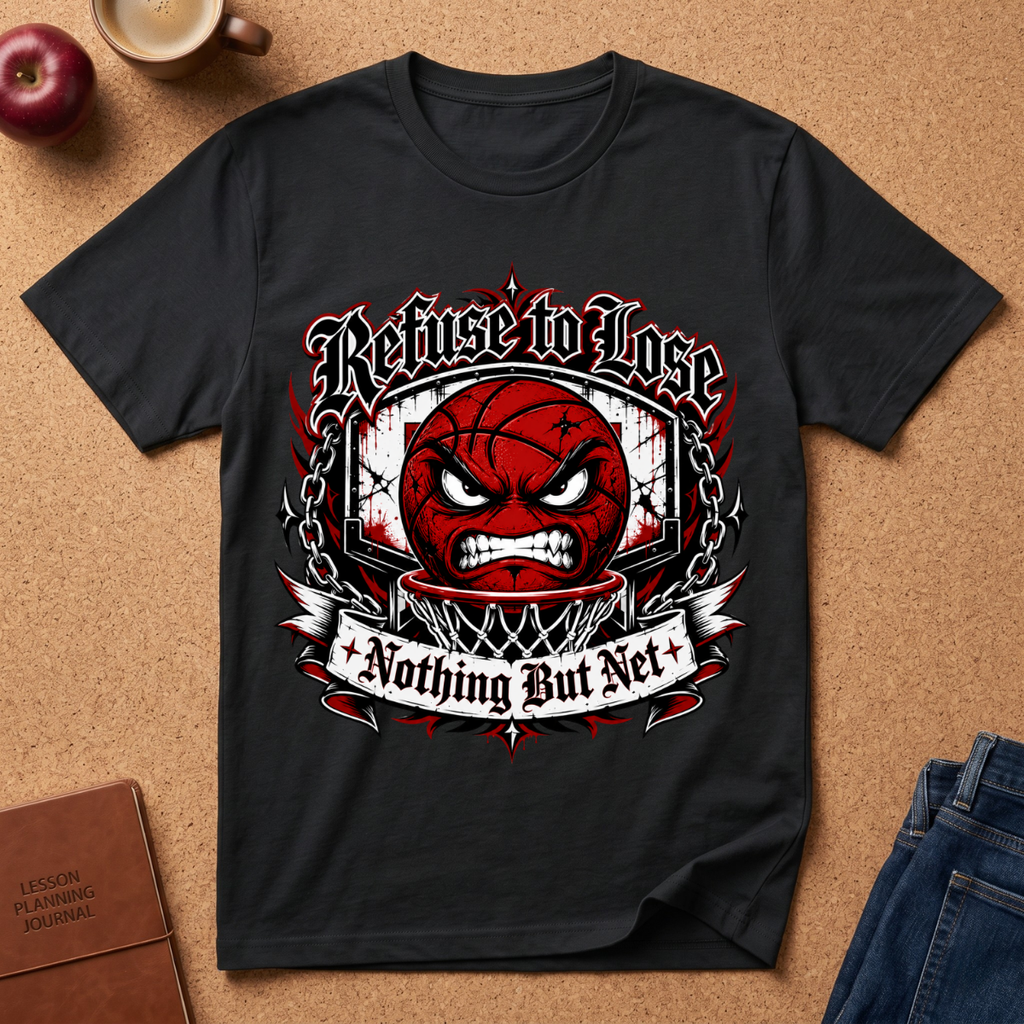 A black short-sleeve graphic T-shirt laid flat on a cork surface, featuring a red basketball face with a clenched jaw inside a white and red circular design, with the text 'Refuse to Lose' above and 'Nothing But Net' below. Surrounding props include a brown notebook, blue jeans, an apple, and a mug.