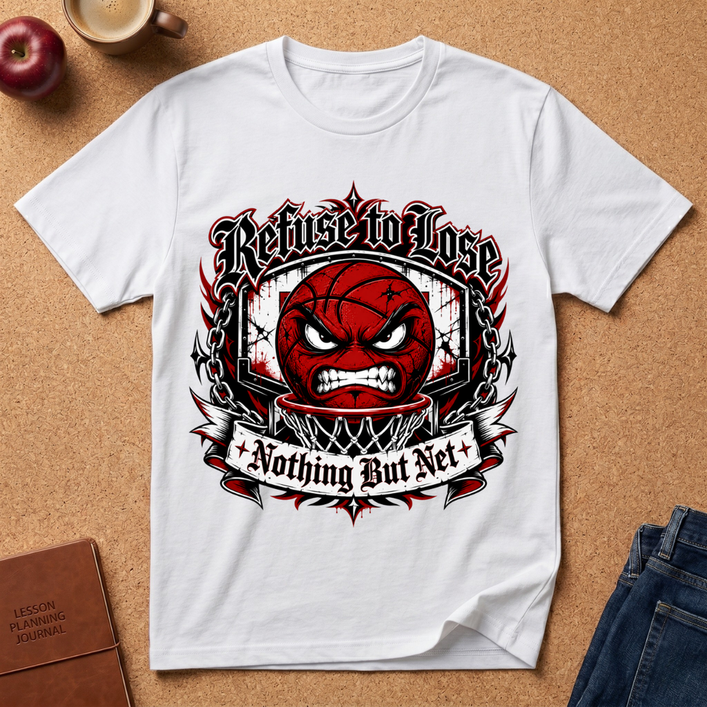 A white short-sleeve graphic T-shirt laid flat on a cork background, featuring a red basketball face with an angry expression, chains, and the text 'Refuse to Lose' and 'Nothing But Net'. Surrounding props include a red apple, a coffee cup, a brown journal, and blue jeans.