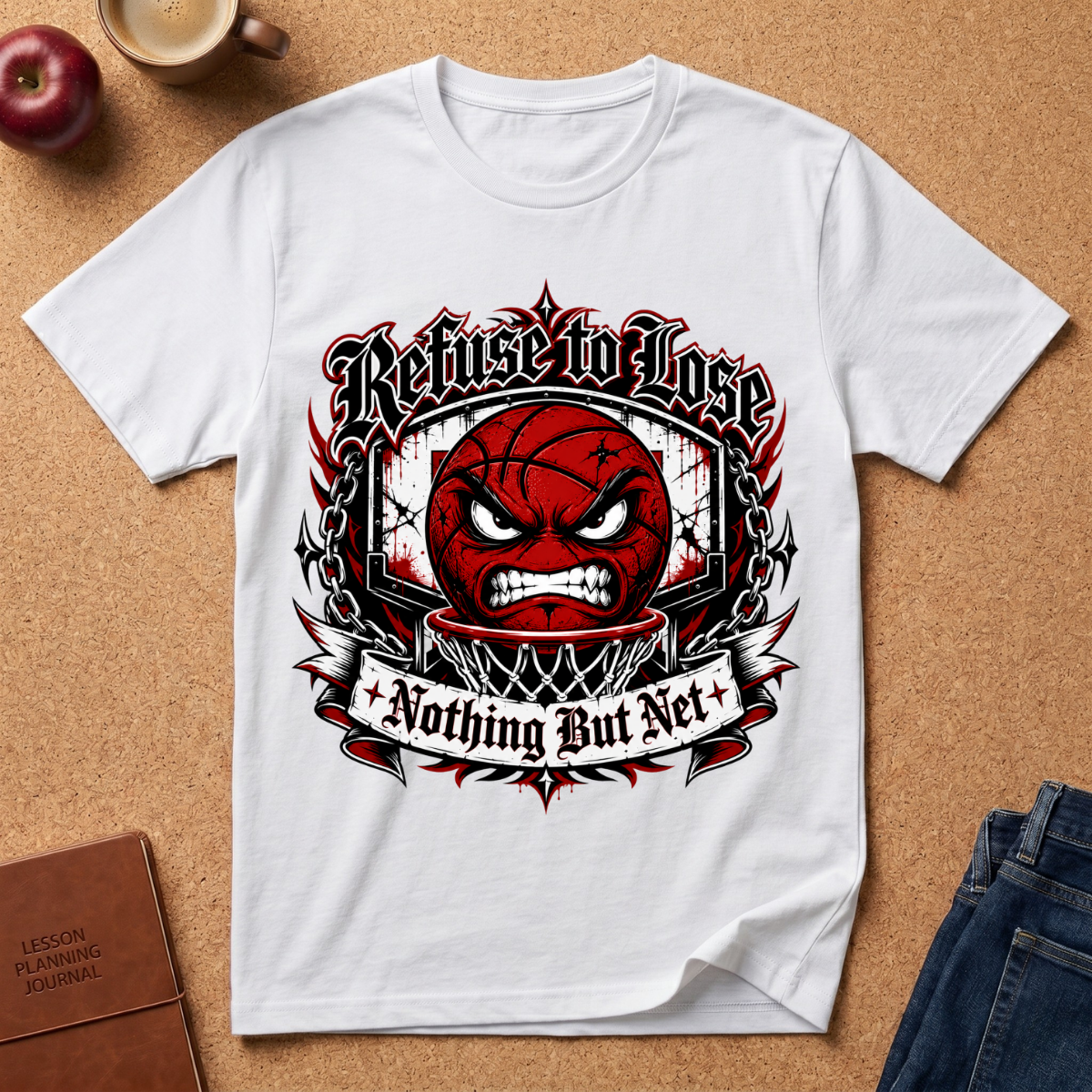 A white short-sleeve graphic T-shirt laid flat on a cork background, featuring a red basketball face with an angry expression, chains, and the text 'Refuse to Lose' and 'Nothing But Net'. Surrounding props include a red apple, a coffee cup, a brown journal, and blue jeans.