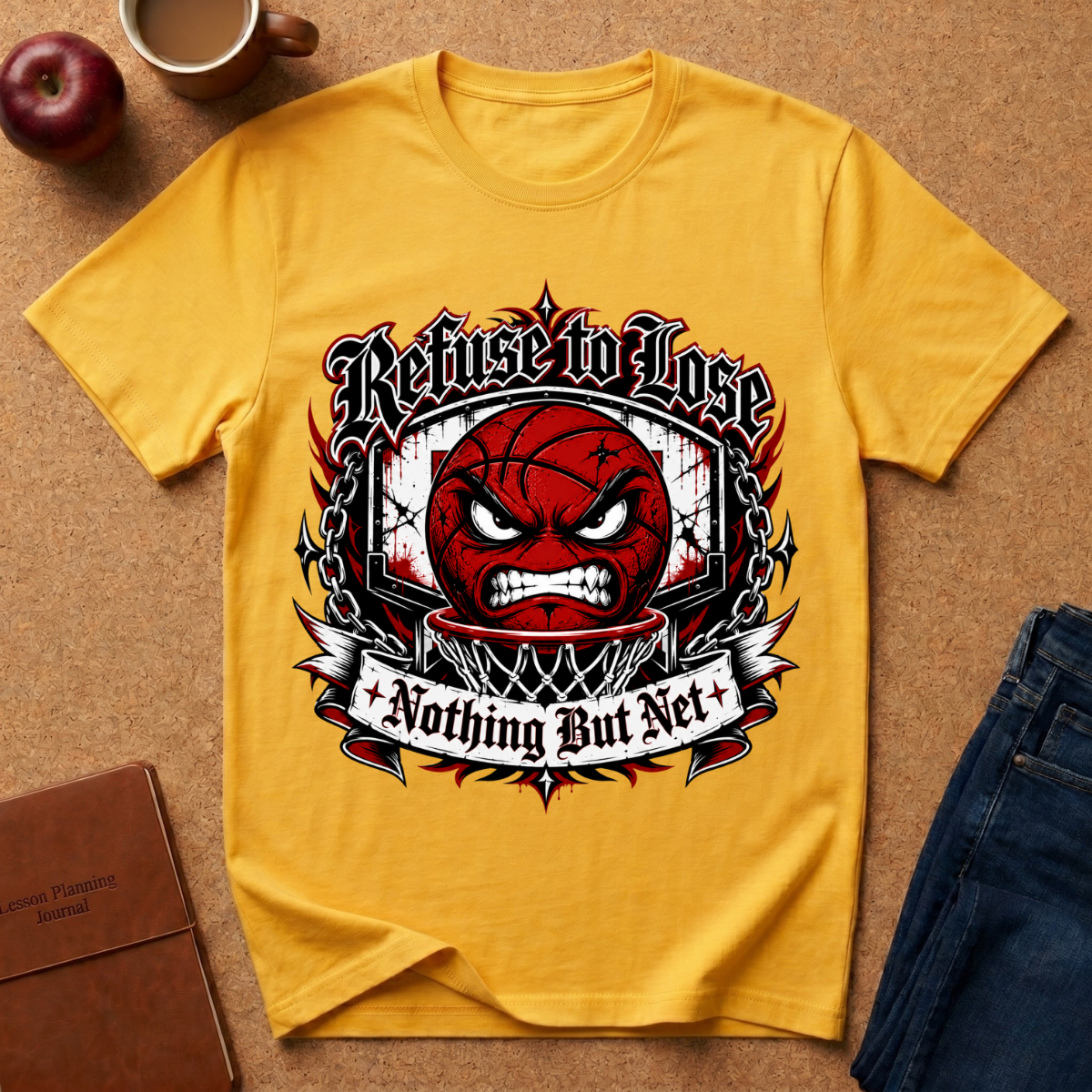 A yellow graphic t-shirt laid flat on a cork background with lifestyle props including an apple, a coffee mug, a notebook, and jeans. The t-shirt features a red basketball with an angry face, surrounded by chains and the gothic text 'Refuse to Lose' and 'Nothing But Net'.